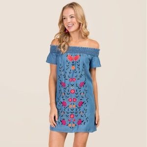 Francesca’s Miami Floral Embroidered Chambray Dress